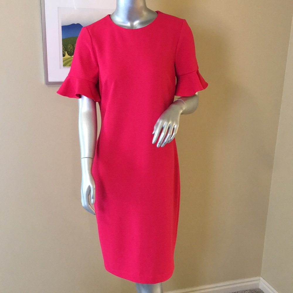 CALVIN KLEIN | Ruffle Short Sleeve Sheath Dress Hot Coral Pink đź©· - Picture 1 of 16